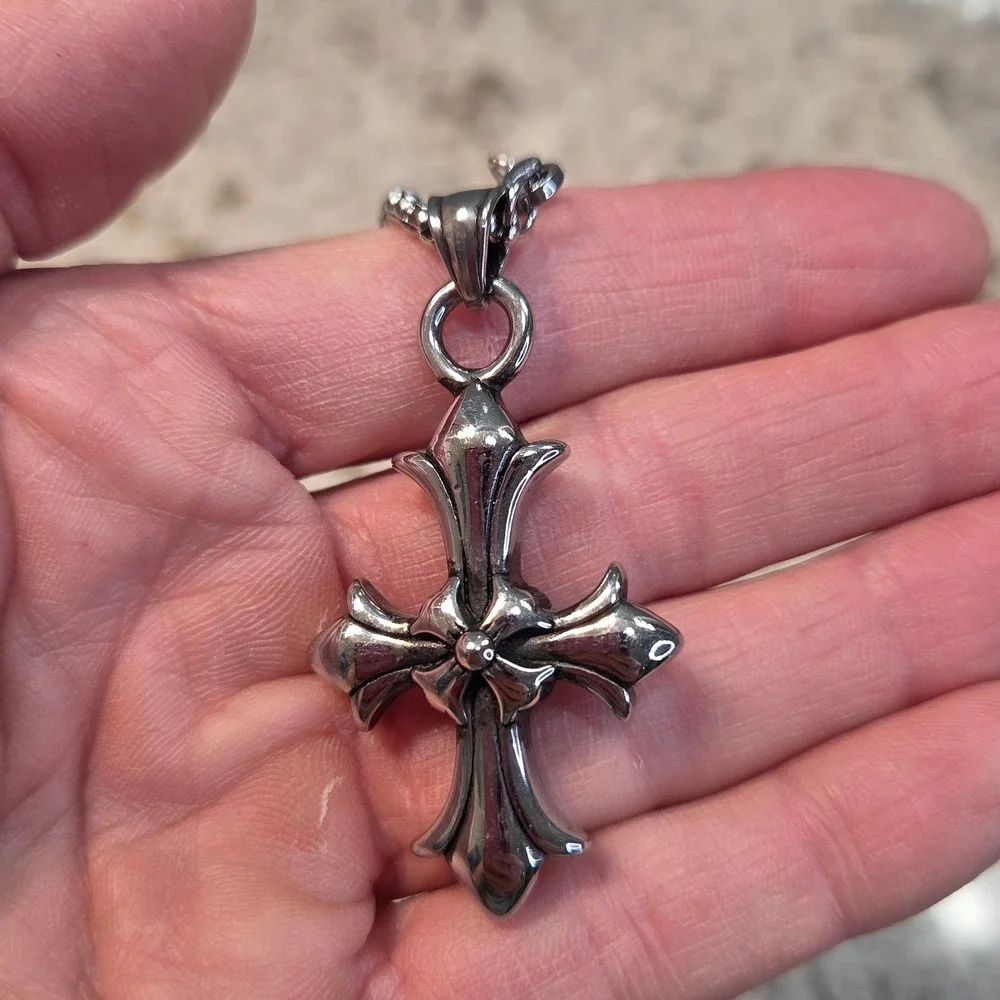 Gothic Cross Pendant Necklace and Matching Ring Set Silver Tone Streetwear